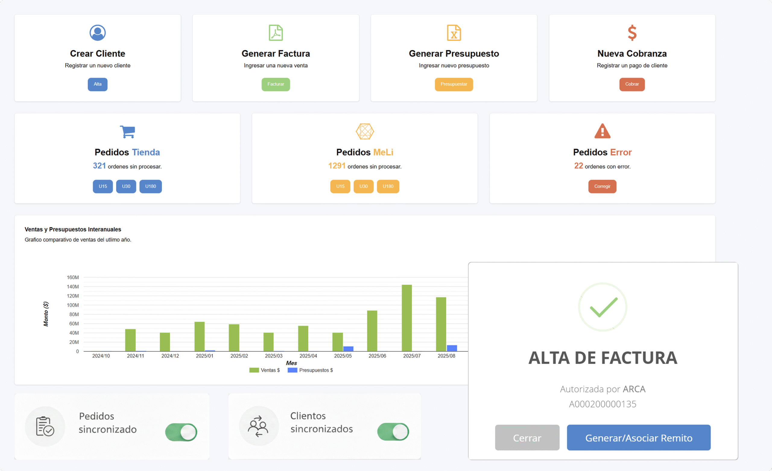Interfaz de usuario del sistema de gestión Contamake mostrando dashboard de ventas