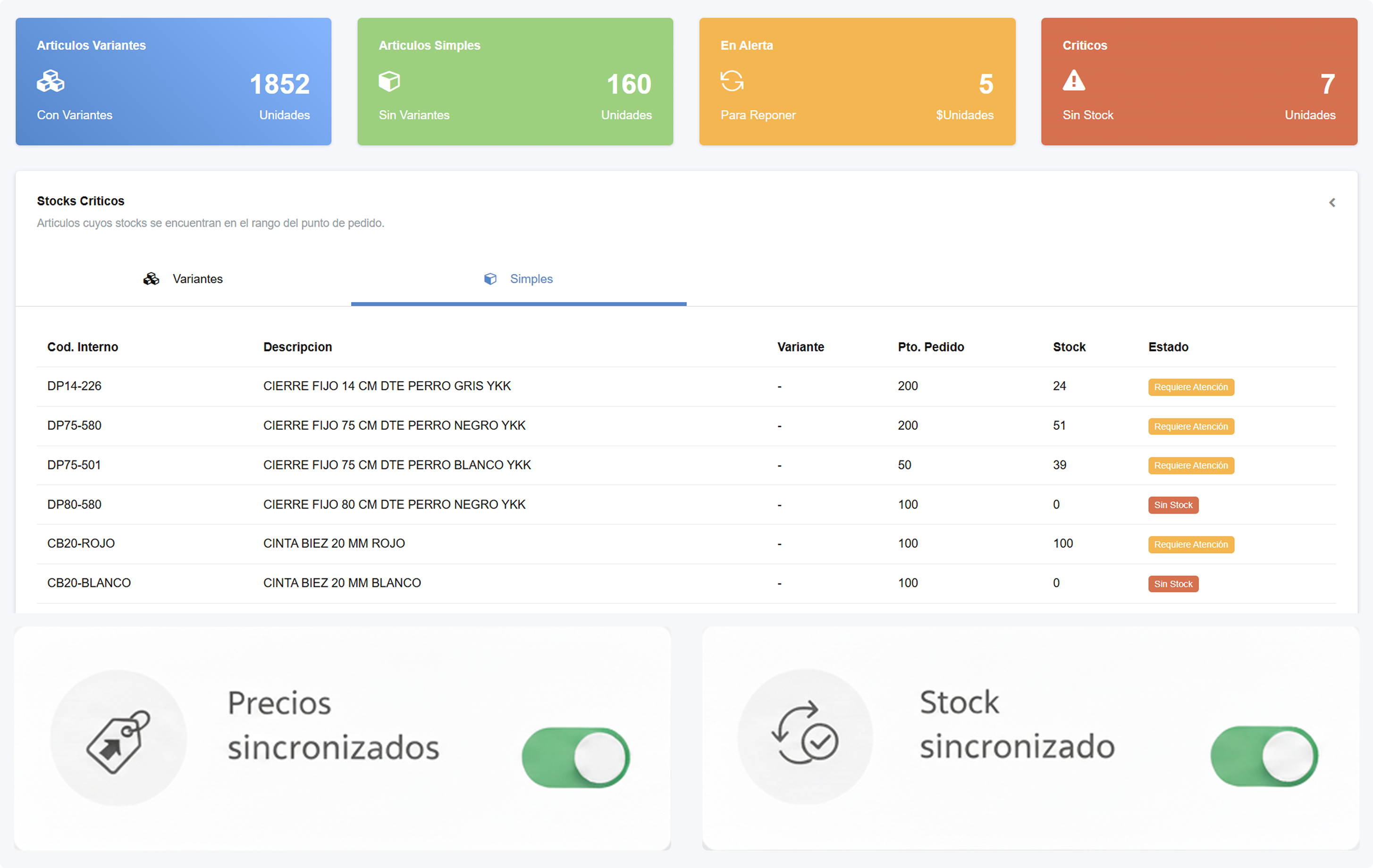 Pantalla de gestión de inventario en Contamake mostrando productos y stock