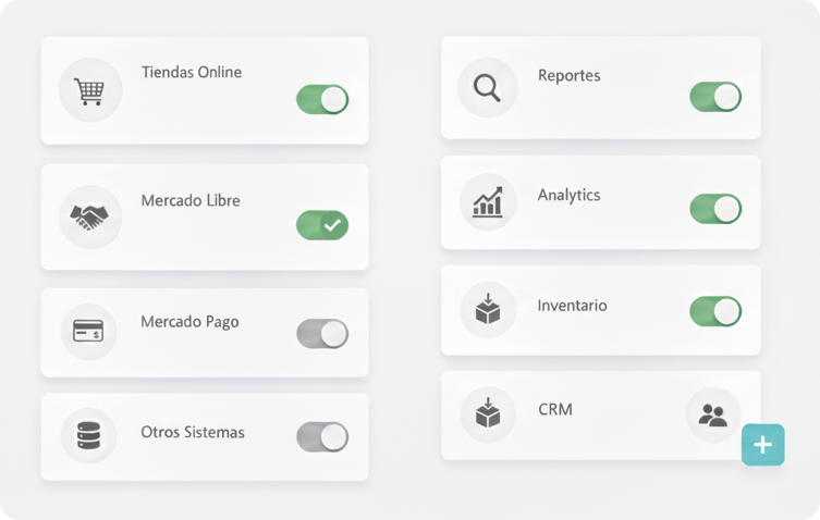Panel de integraciones de Contamake con Tiendanube, Mercado Libre, Mercado Pago, Analytics, Inventario y CRM