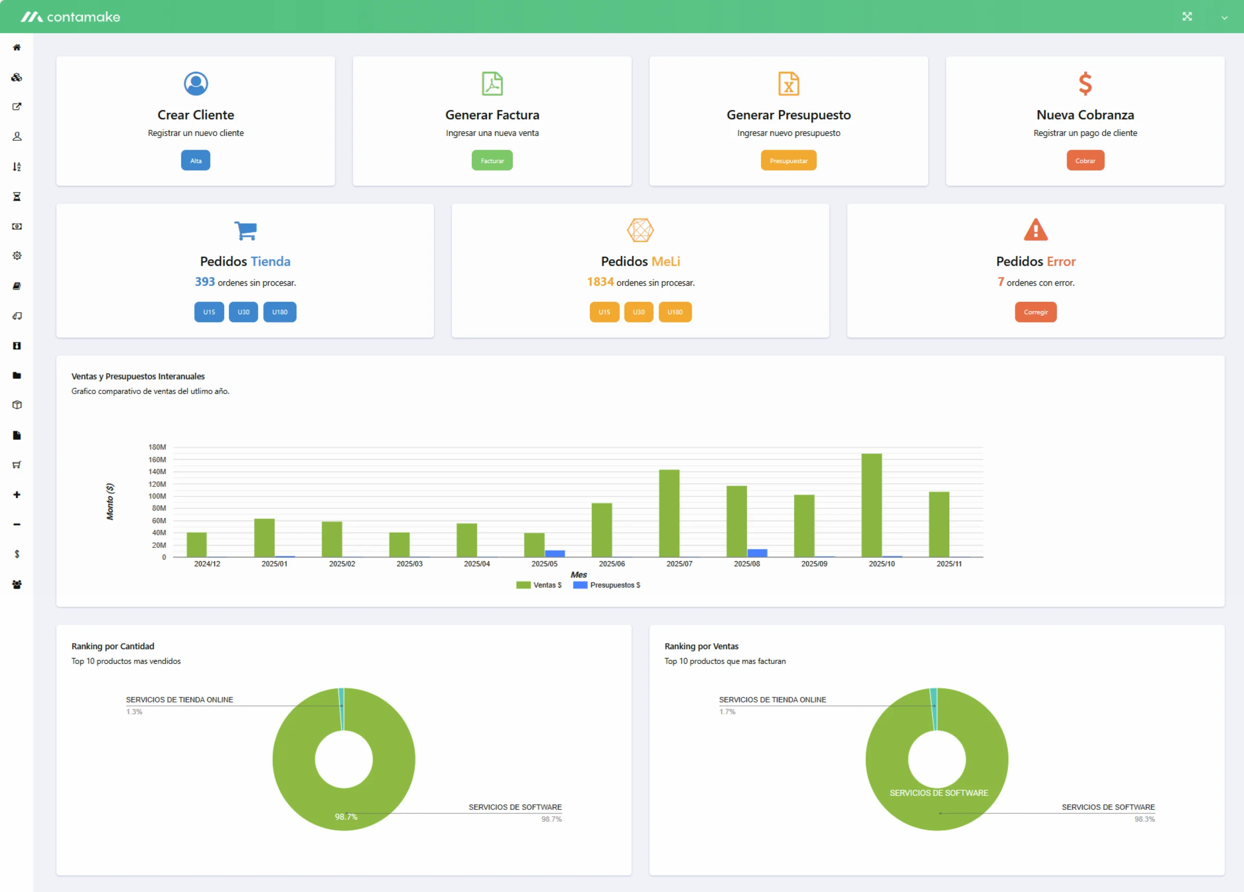 Pantalla de gestión de inventario en Contamake mostrando productos y stock